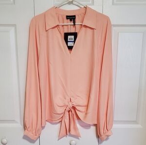 Halston blouse XL, long-sleeved, V-neck top, collared neckline, tie-front detail